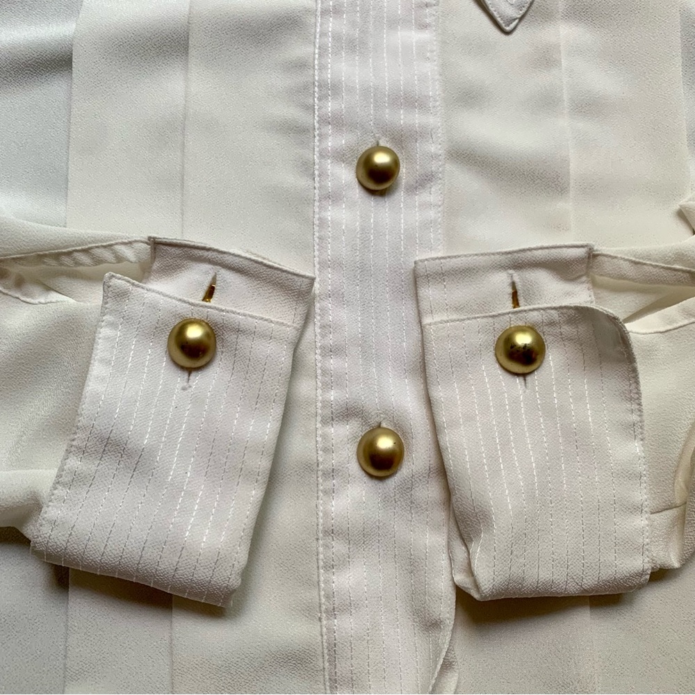 v i n t a g e :: Elegant Pleated Pinstripe Cufflink Satin Blouse - Picture 5 of 13